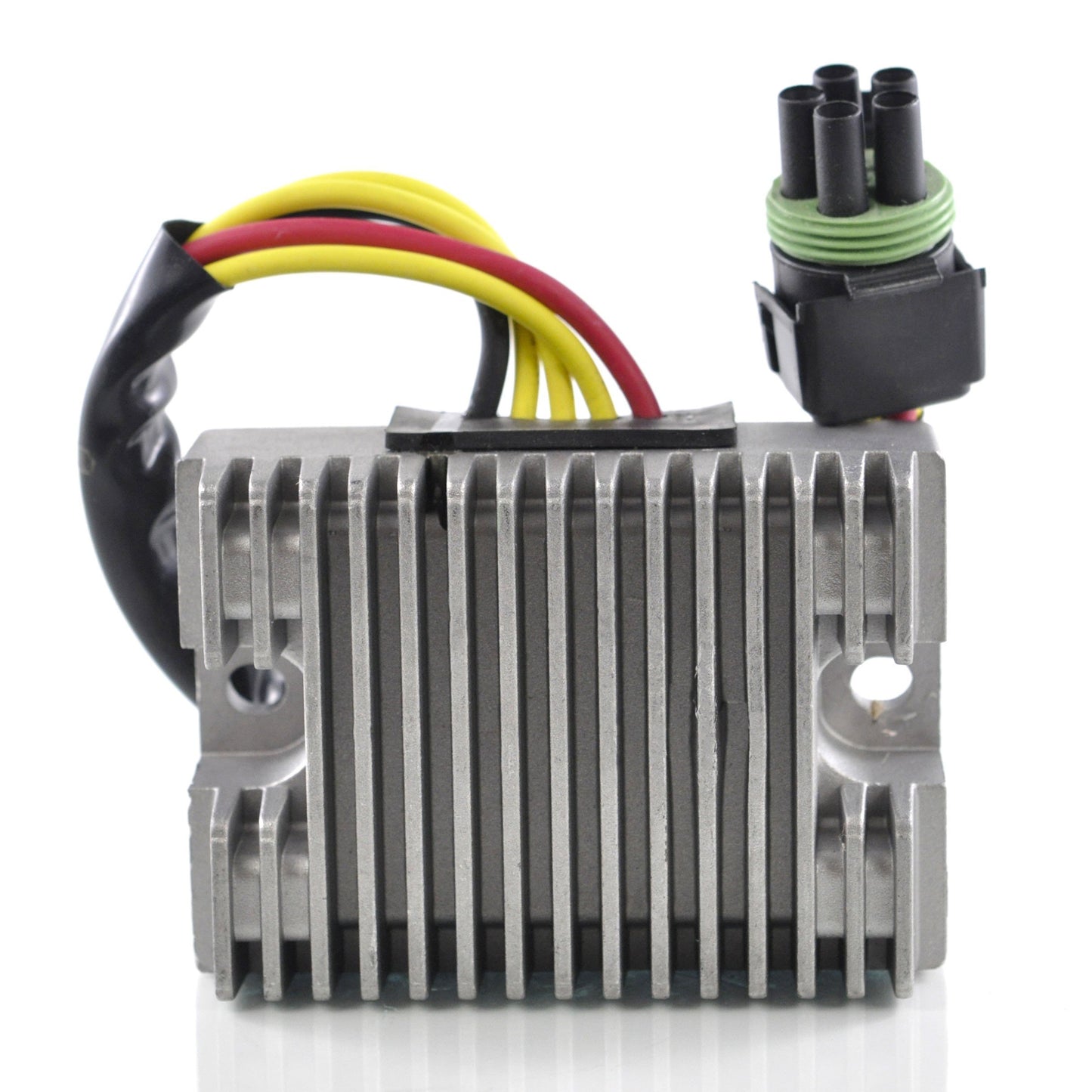 Can-Am DS650 regulator rectifier with cooling fins and wiring harness on white background