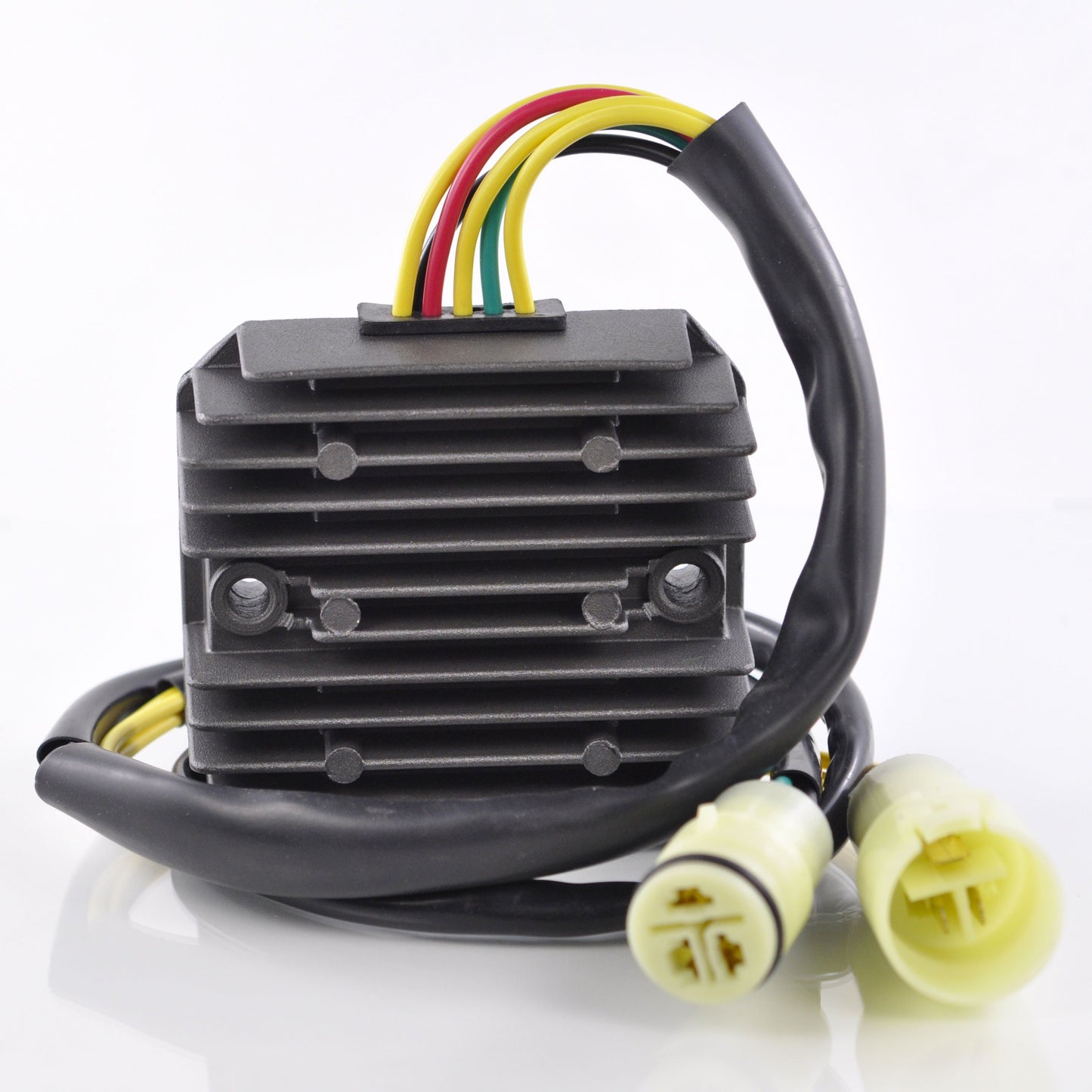 Black metal Honda Fourtrax TRX 350 regulator rectifier with colorful wires and yellow connectors