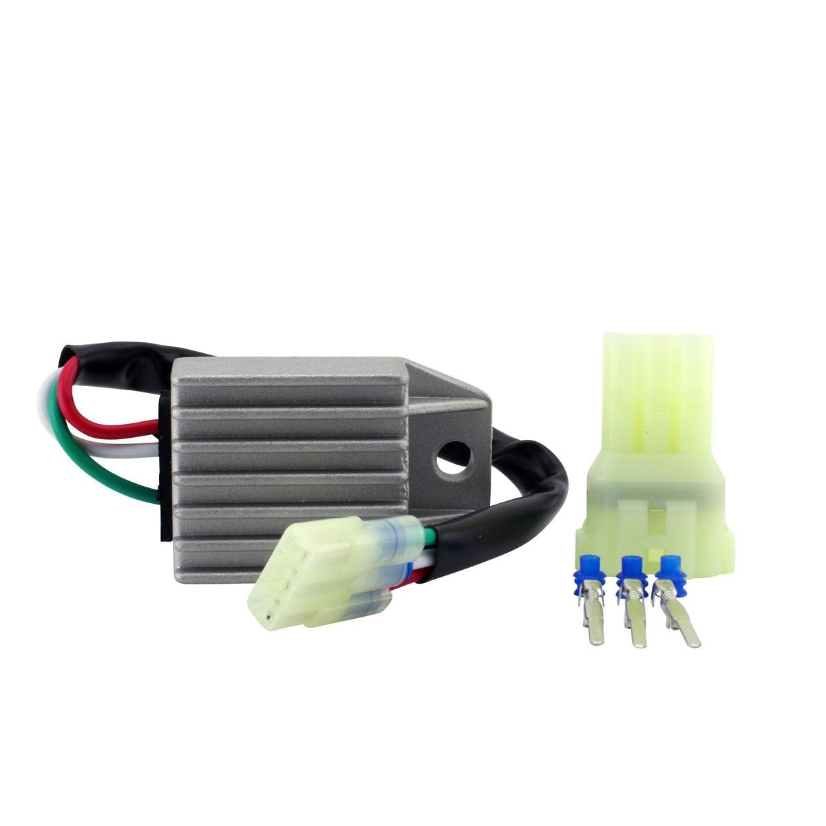 Honda TRX90 regulator rectifier with wiring harness and connector pins on white background