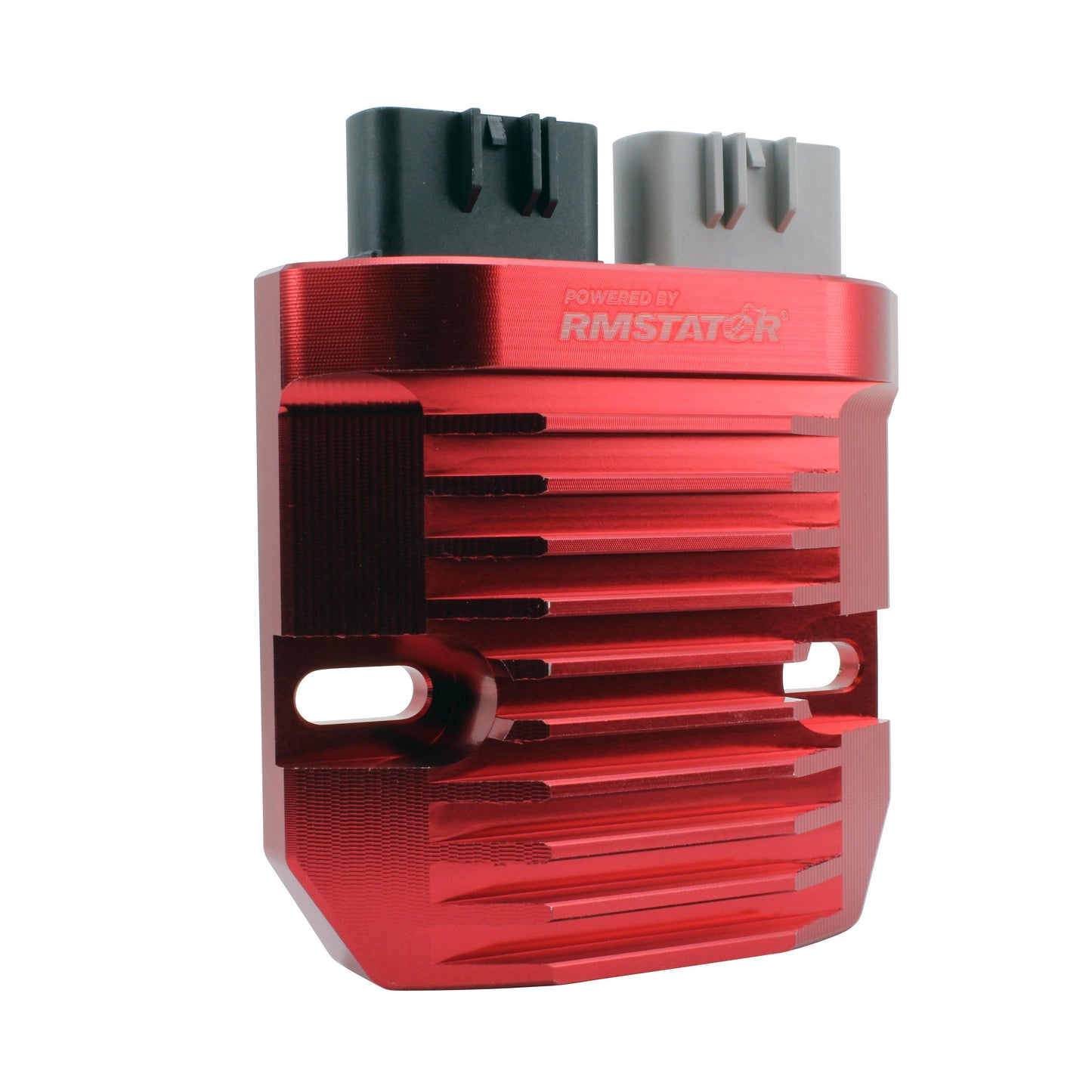 Red machined aluminum MOSFET regulator rectifier with black and gray connectors, labeled RMSTATOR