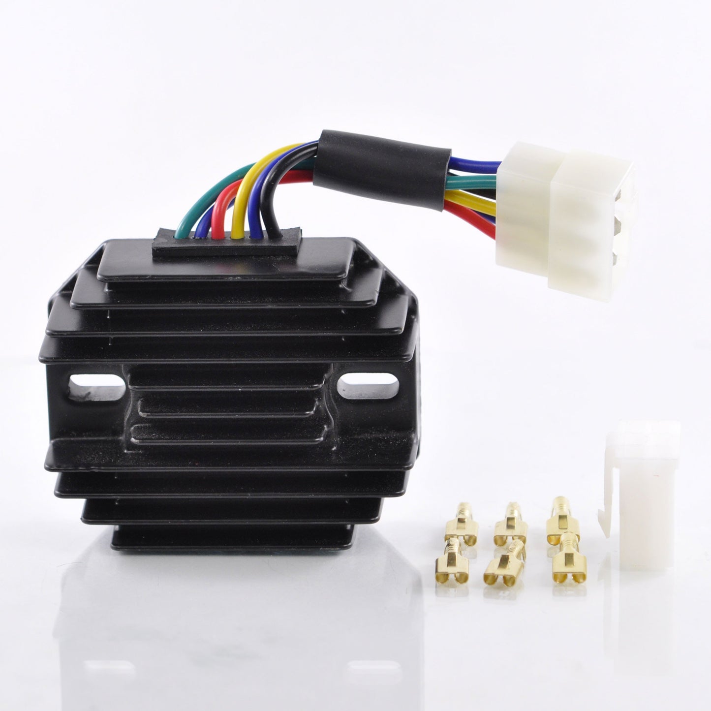Black motorcycle regulator with colorful wires and white connectors on white background