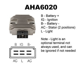 AHA6020 regulator rectifier diagram for Honda tractors with labeled terminals for battery, ignition, stator, and light