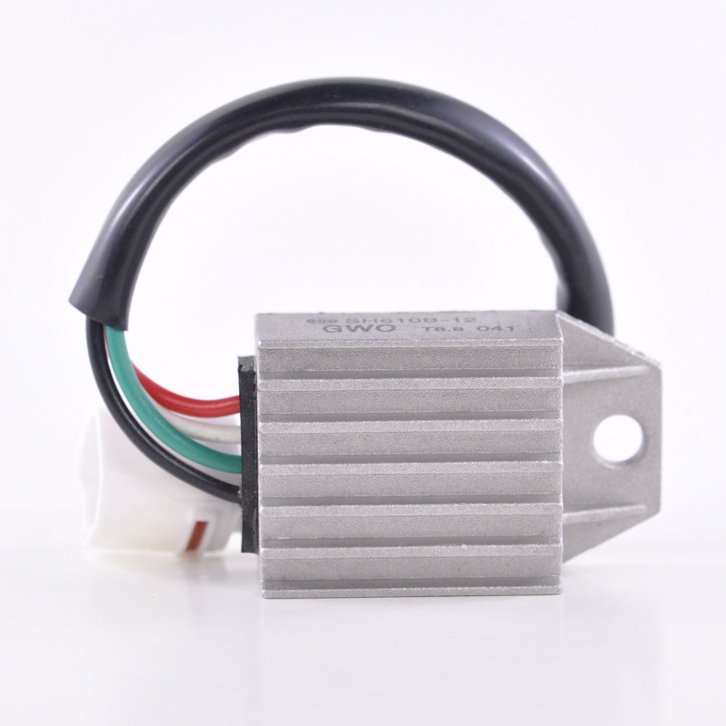 Rectangular silver metal regulator with black, red, green, and white wires and white connector