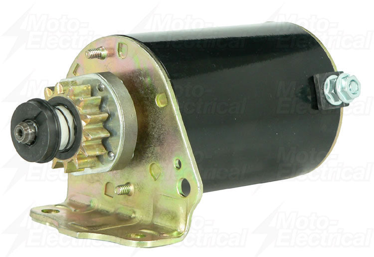 Black cylindrical electric motor with metal mounting bracket and gear teeth on the shaft