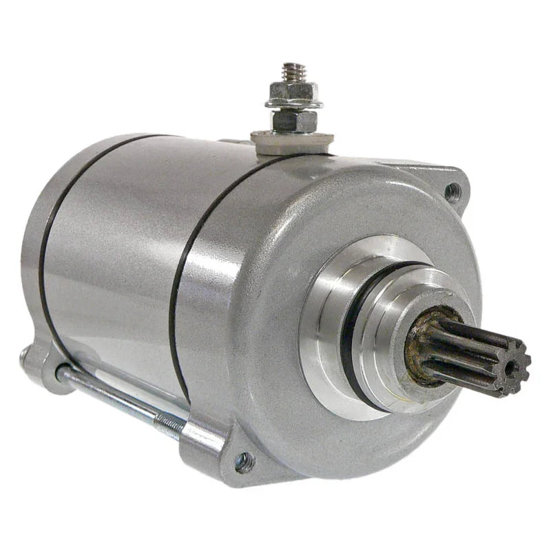Silver cylindrical electric starter motor with a gear shaft and mounting bolts on white background