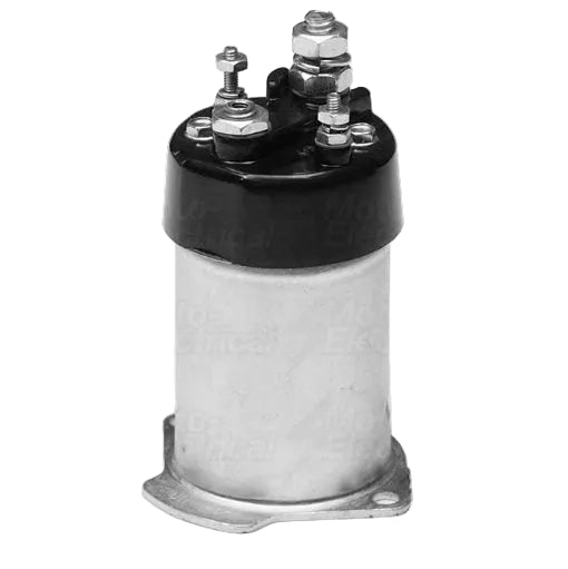 A cylindrical automotive electrical component, likely a battery or starter motor, featuring a silver metal body, a black plastic top cap, and multiple silver metal terminal bolts and nuts on top, set against a white background with a faint repeating watermark.