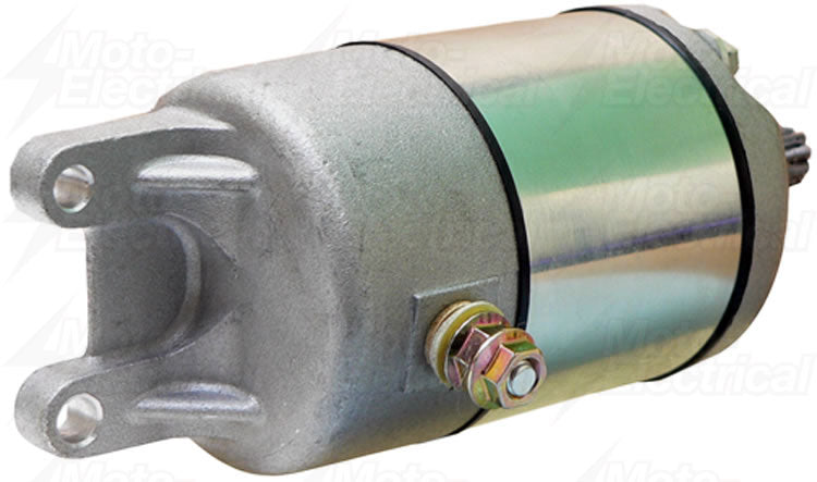 silver motorcycle starter motor with cylindrical body and mounting bracket