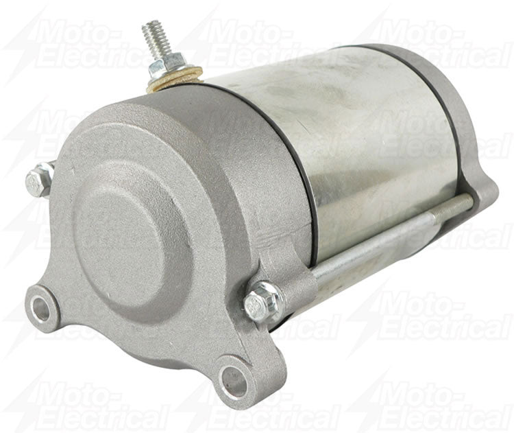 Compact silver motorcycle starter motor with mounting holes and electrical connection