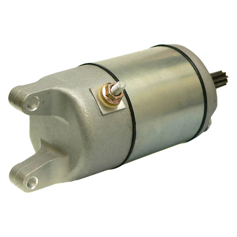 silver cylindrical electric starter motor with mounting brackets and wiring connection