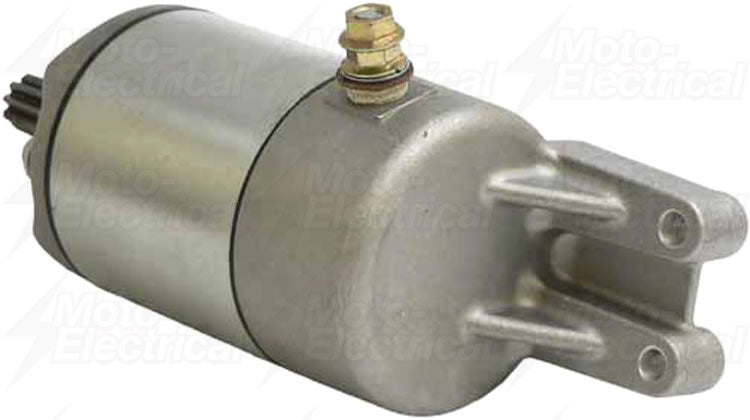 Silver motorcycle starter motor with mounting bracket and electrical terminal on a white background