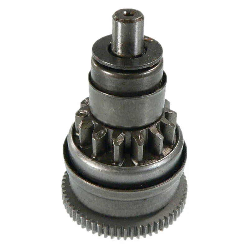 Close-up of metal gear component with multiple teeth and cylindrical sections on white background