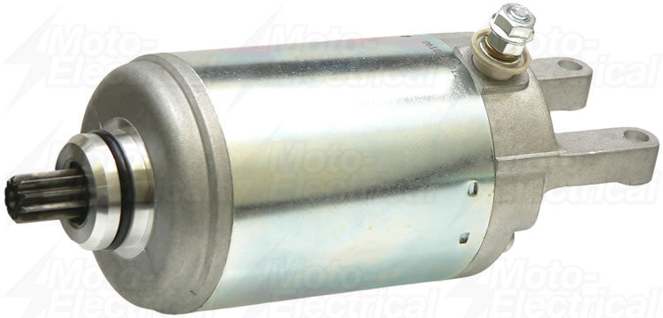Silver motorcycle starter motor with gear and mounting bracket isolated on white background
