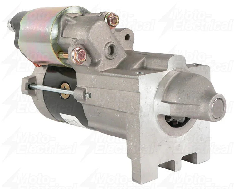 Automotive starter motor with metal housing and mounting bracket, used for engine ignition