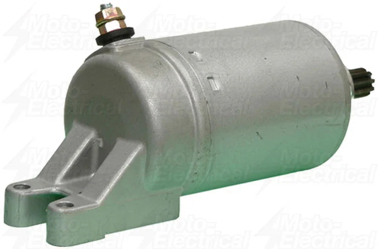 Silver cylindrical motorcycle starter motor with mounting bracket and electrical terminal