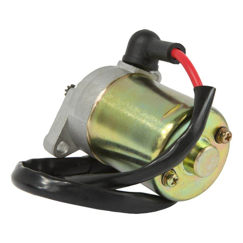 Compact metallic electric starter motor with red and black wires coiled, isolated on white background