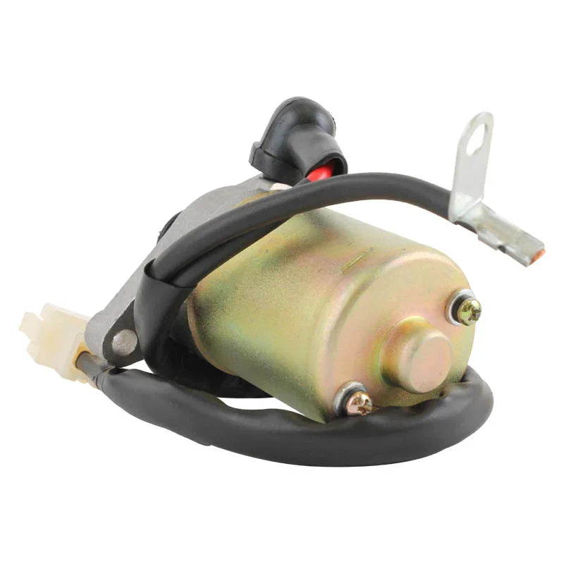 Electric starter motor with attached wiring harness and metal mounting bracket