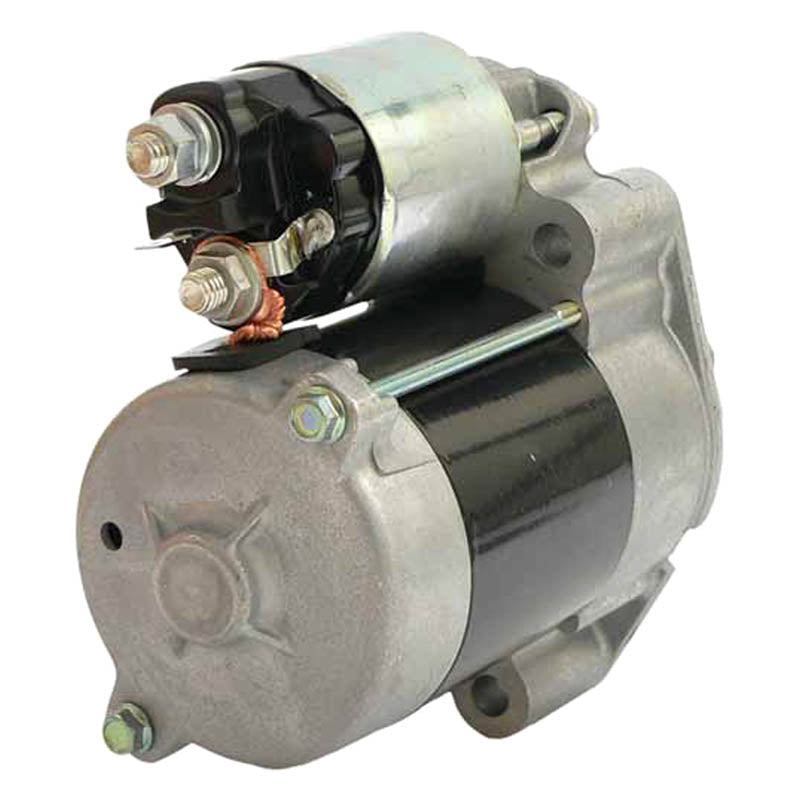 Automotive starter motor with metal housing and electrical terminals on a white background