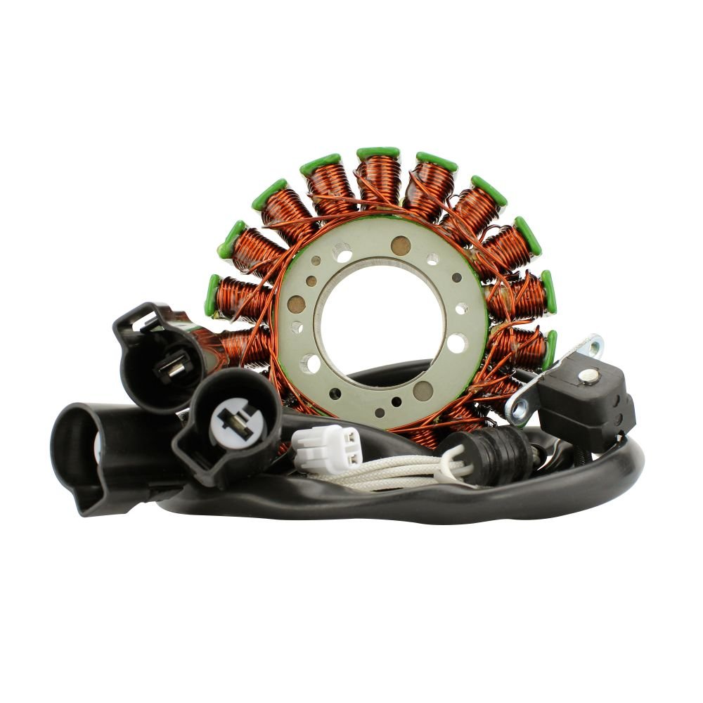 Yamaha YXZ1000R 2019-21 stator with copper coils and attached wiring connectors on white background