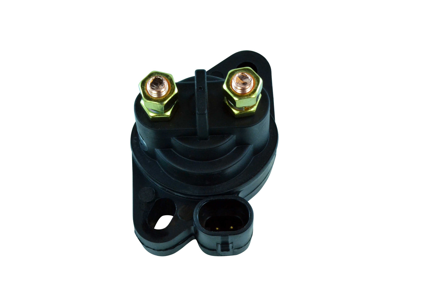 Black solenoid with two brass terminal bolts and a black electrical connector on white background