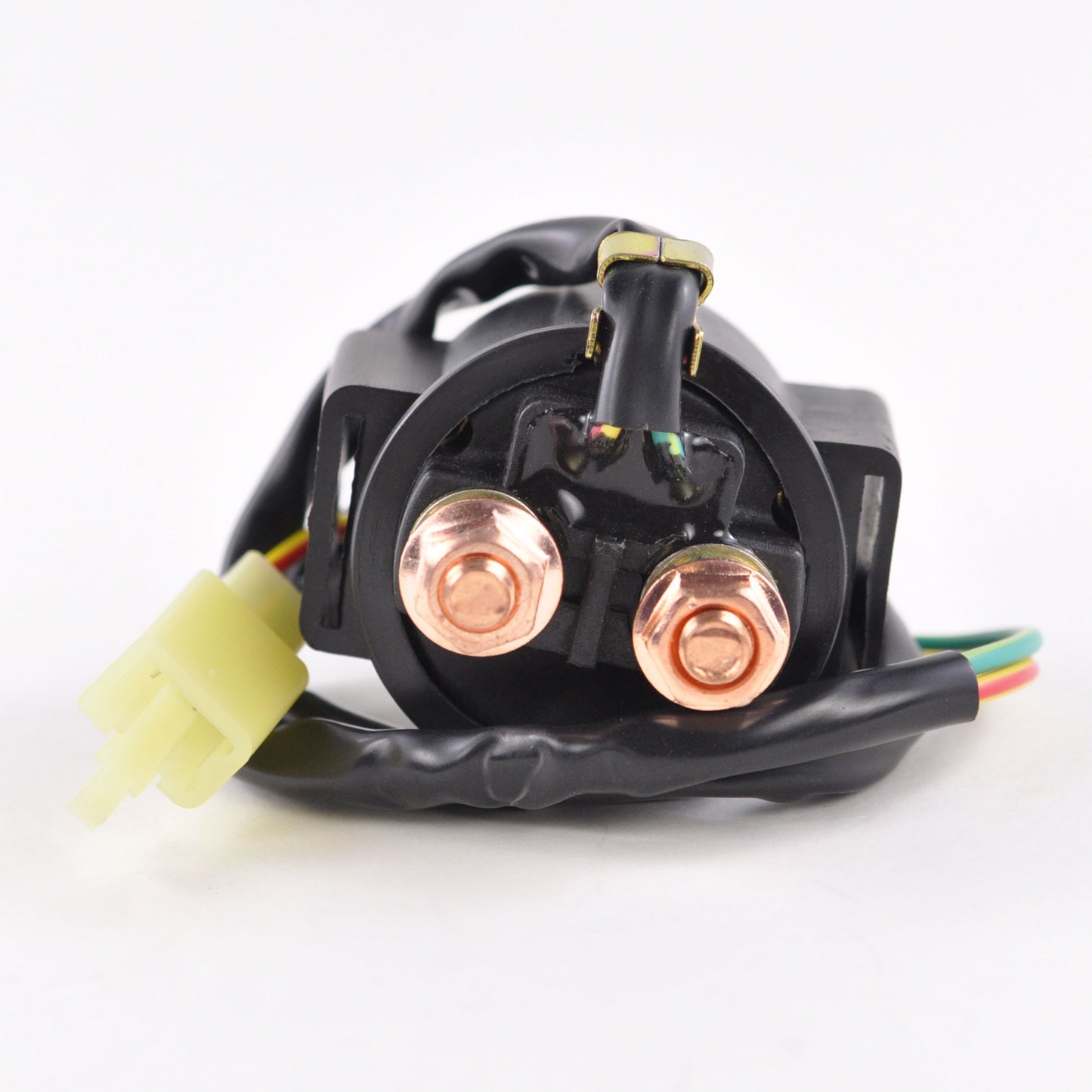 Black solenoid with two copper terminals and attached wiring harness on white background