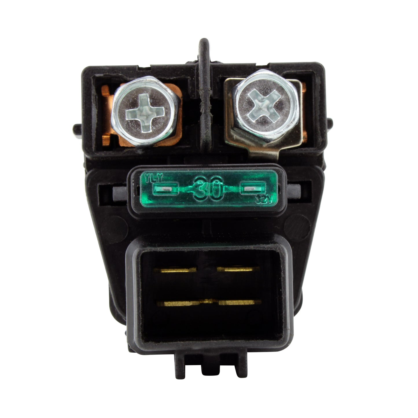 Close-up of Suzuki GDXR 600-1000 KingQuad solenoid with 30-amp fuse and metal terminals