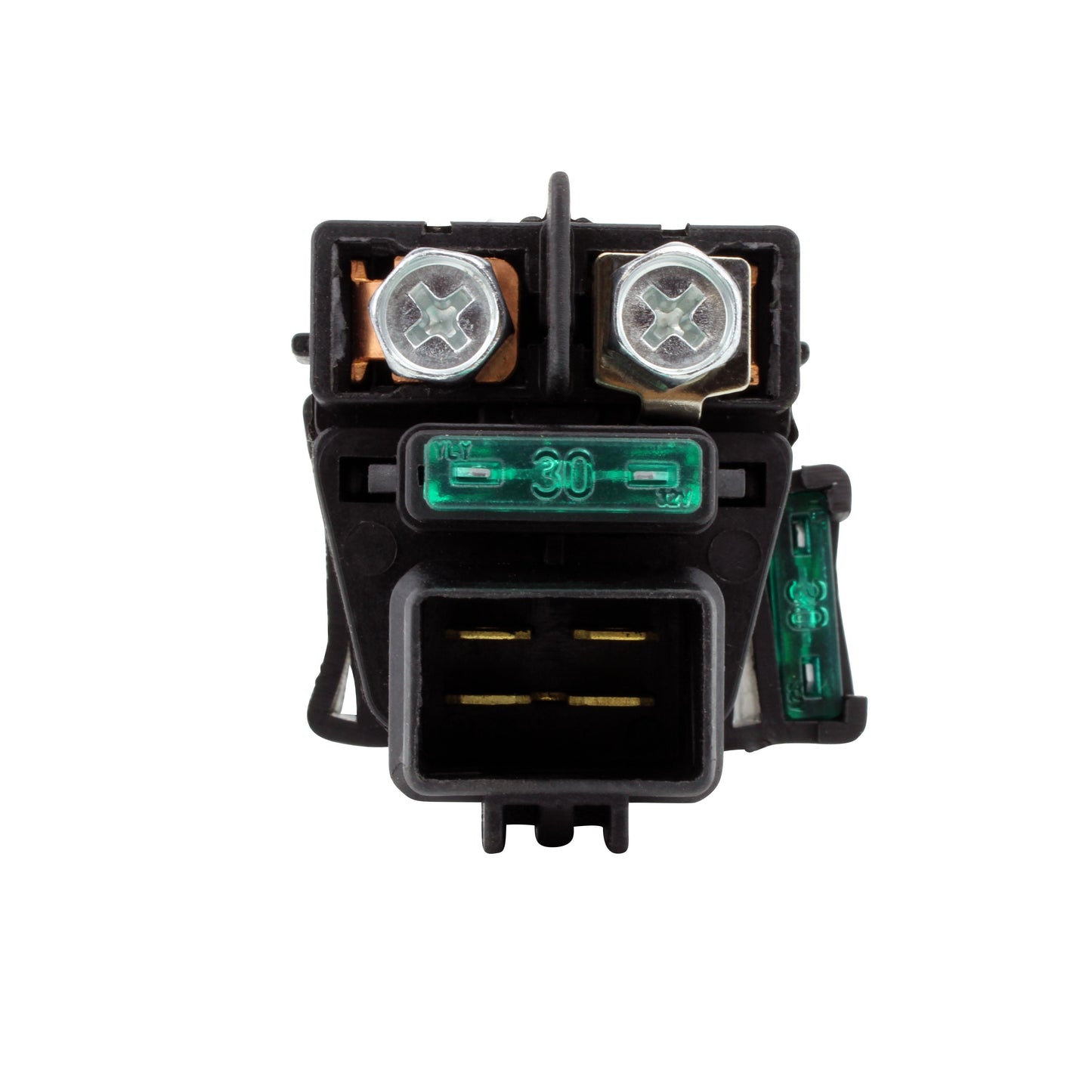 Black Suzuki ATV starter solenoid with green 30-amp fuse and metal terminals on white background
