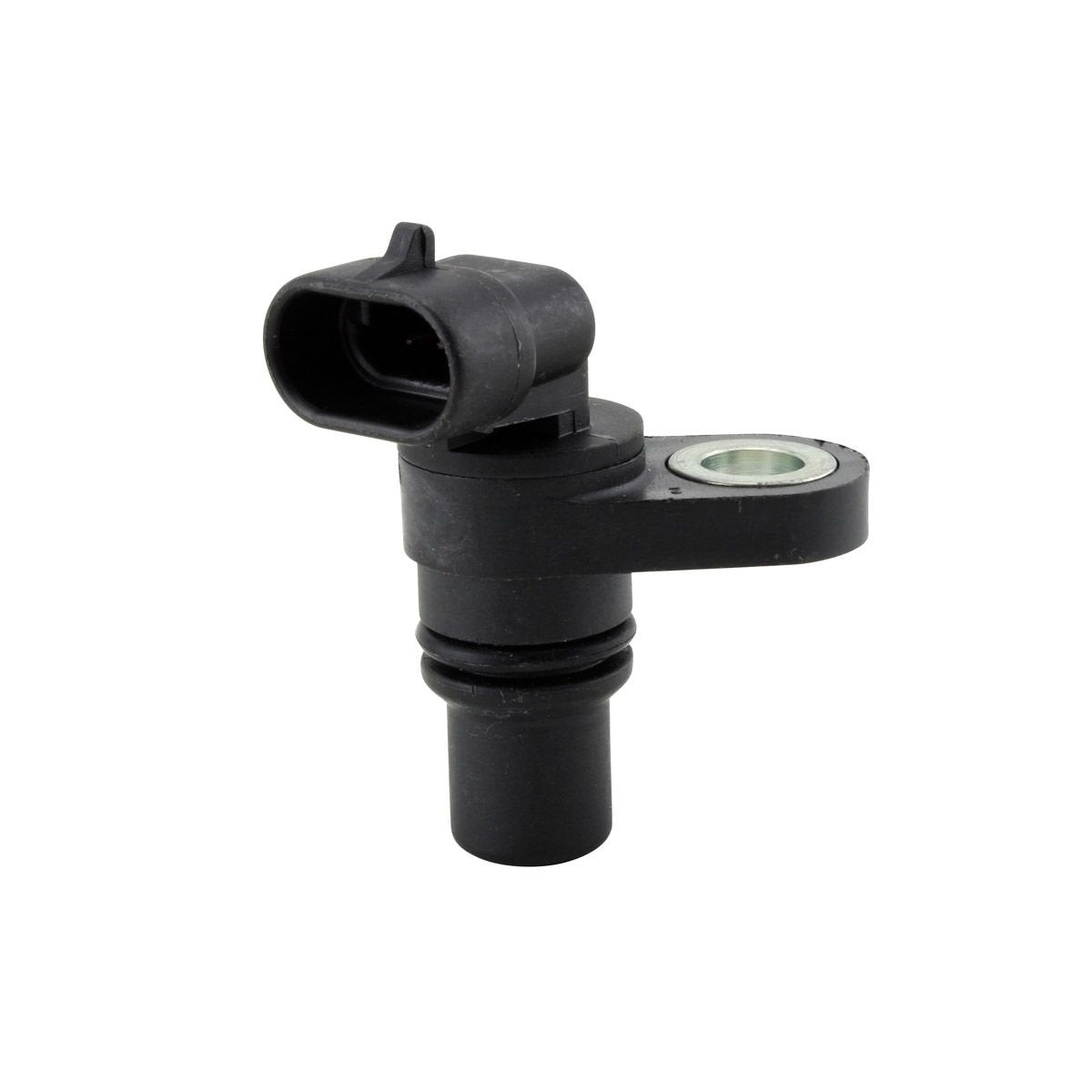 black automotive speed sensor with mounting hole and electrical connector on white background