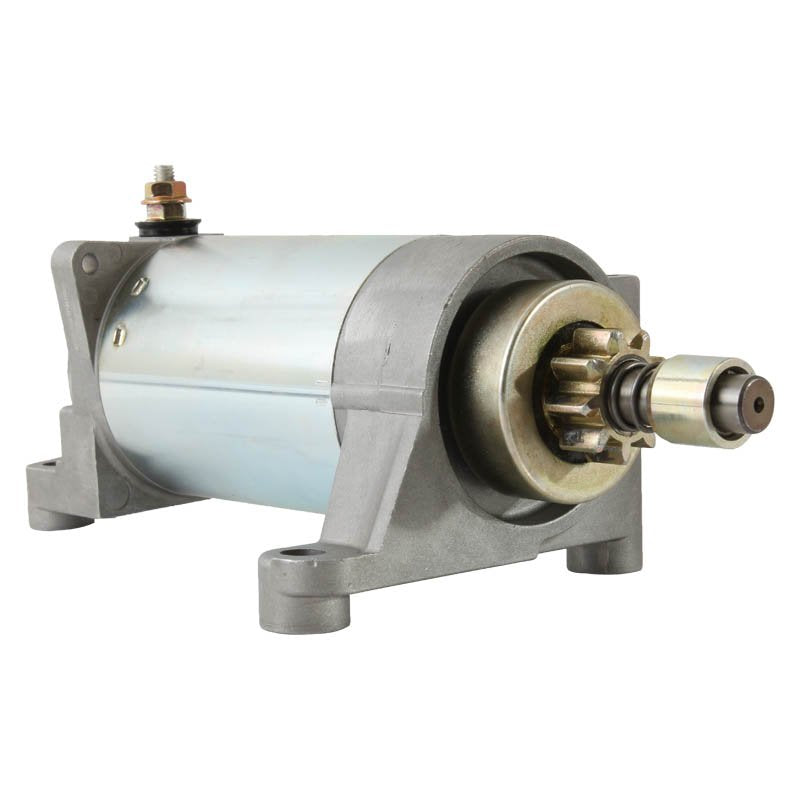 Close-up of silver starter motor with gear and mounting bracket, designed for Ski-Doo Lynx snowmobiles