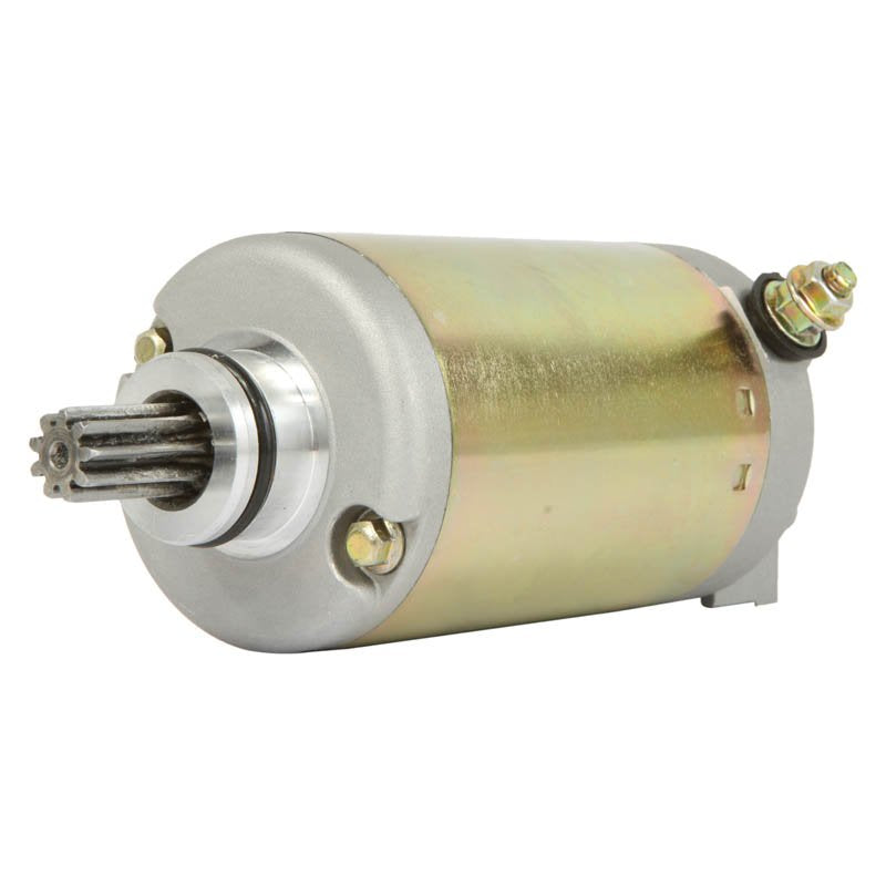 Close-up of a metallic starter motor for BMW K Series motorcycles with gear teeth and mounting bolts