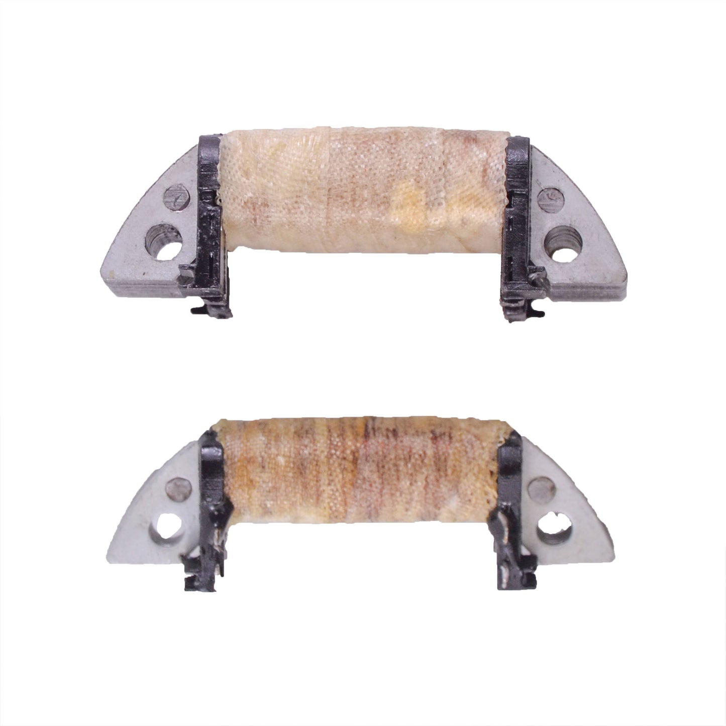 Close-up of two Yamaha YZ 250 stator ignition coils 1987-1988 with metal and wire components