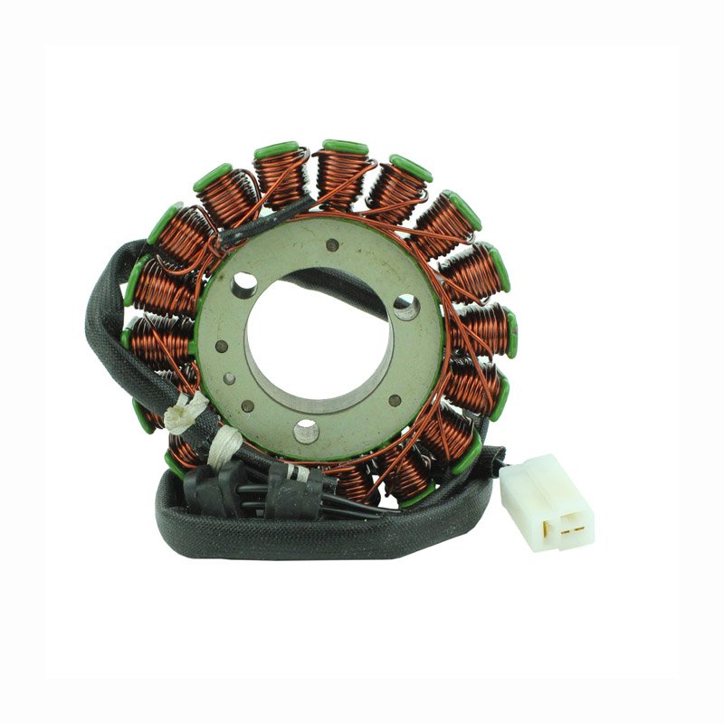 Kawasaki KLF 300 B C stator unit with copper coil windings and electrical connector on white background