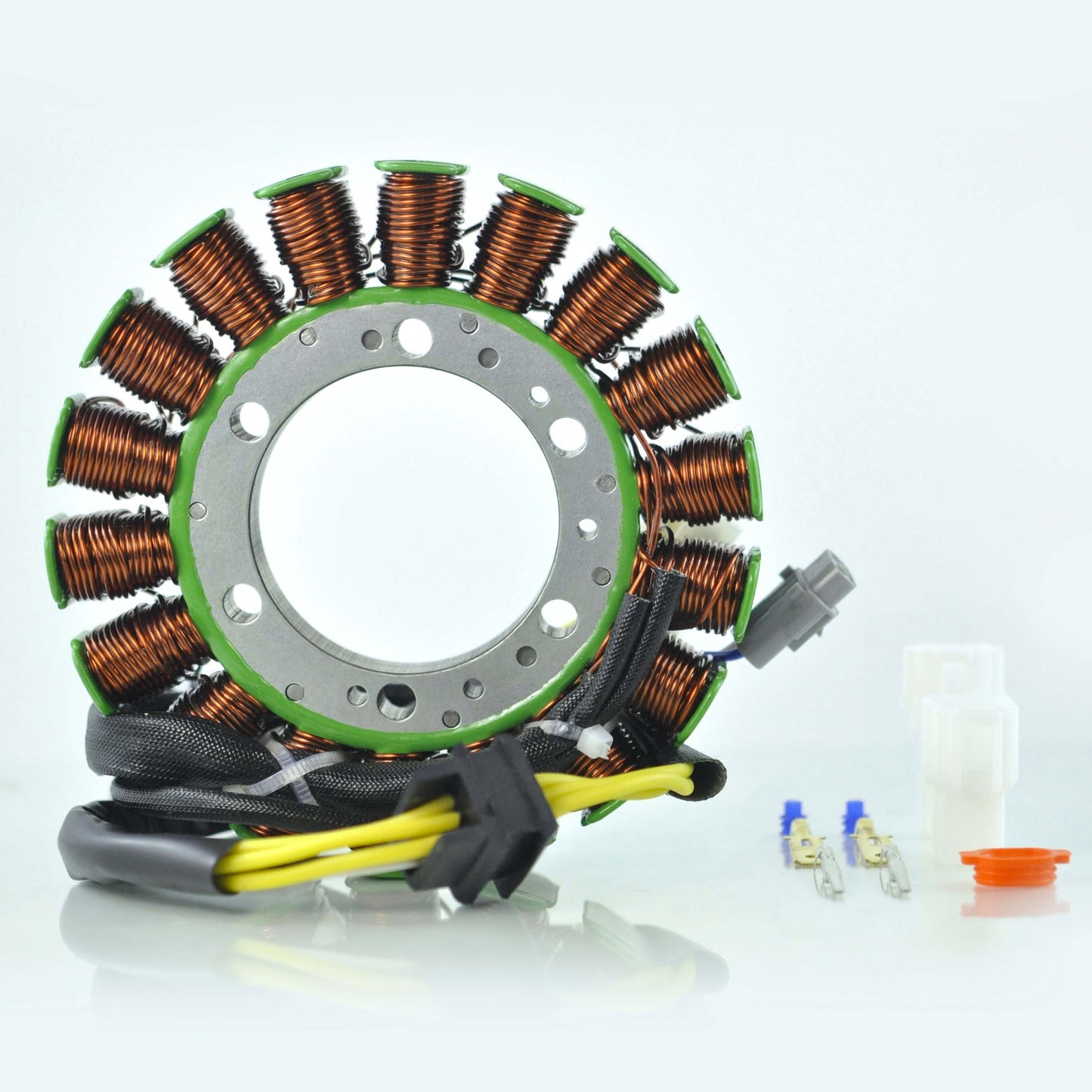Arctic Cat Wildcat 1000 stator coil with attached wiring and connectors on white background