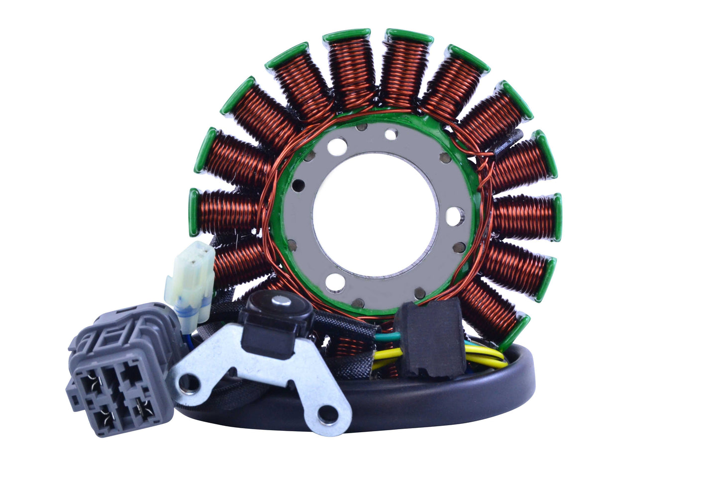 Kawasaki KVF 300 Brute Force stator with copper coils and wiring harness isolated on white