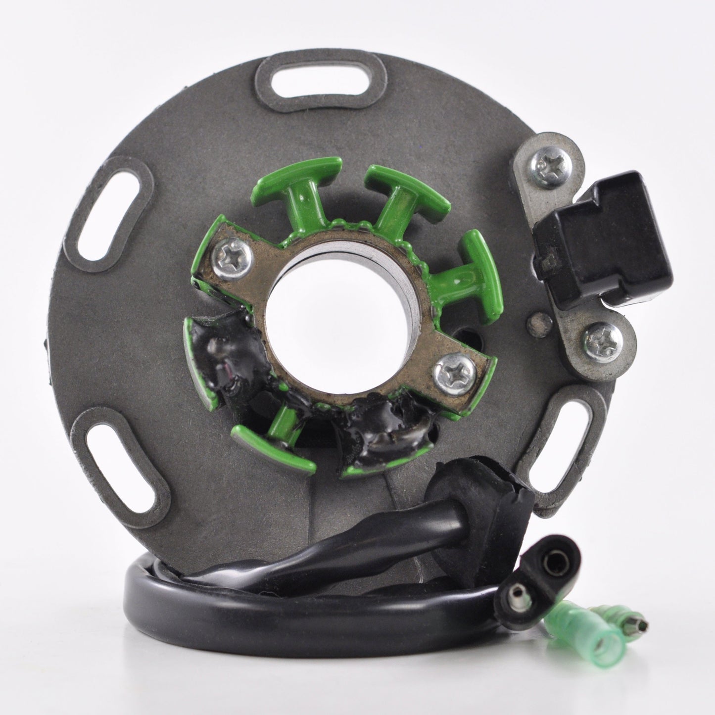 Suzuki RM 125 1989-1993 motorcycle stator with green coil windings and attached wiring harness