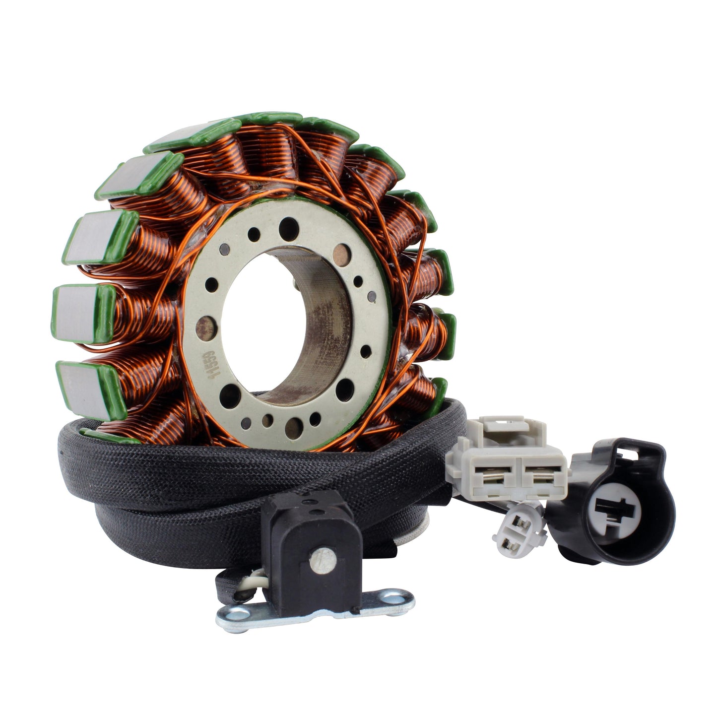 Close-up of Yamaha YXZ 1000 R stator with copper coils and wiring harness on white background