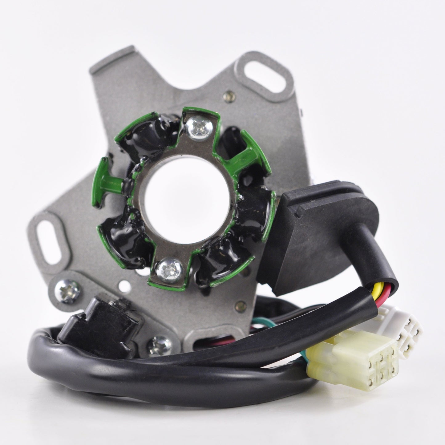 Suzuki RM 125 1999 stator with metal mounting plate and electrical wiring harness