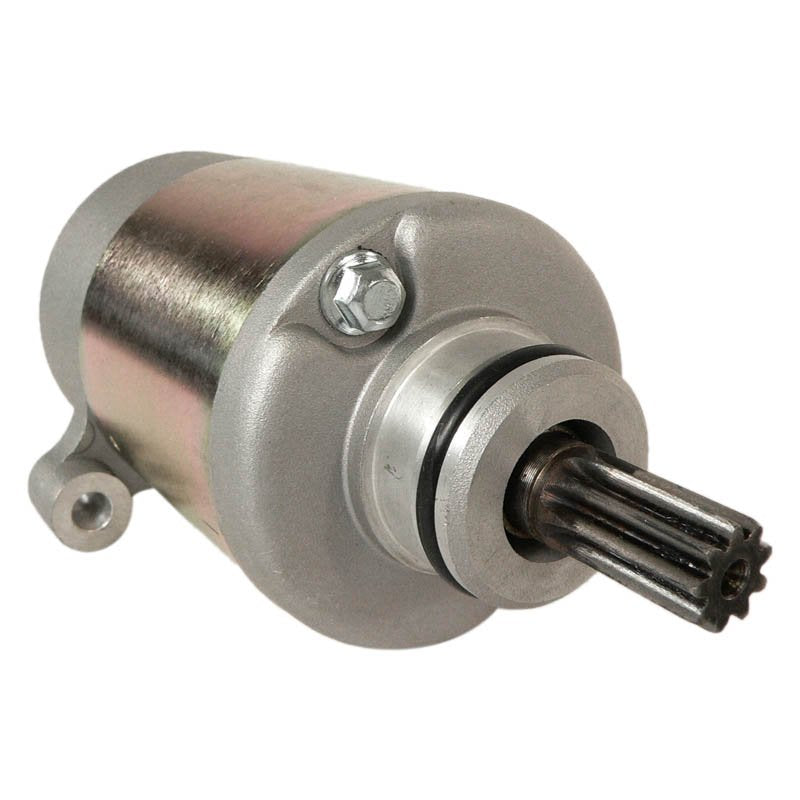 Close-up of Suzuki LT-Z90 Quadsport starter motor with metal housing and gear shaft