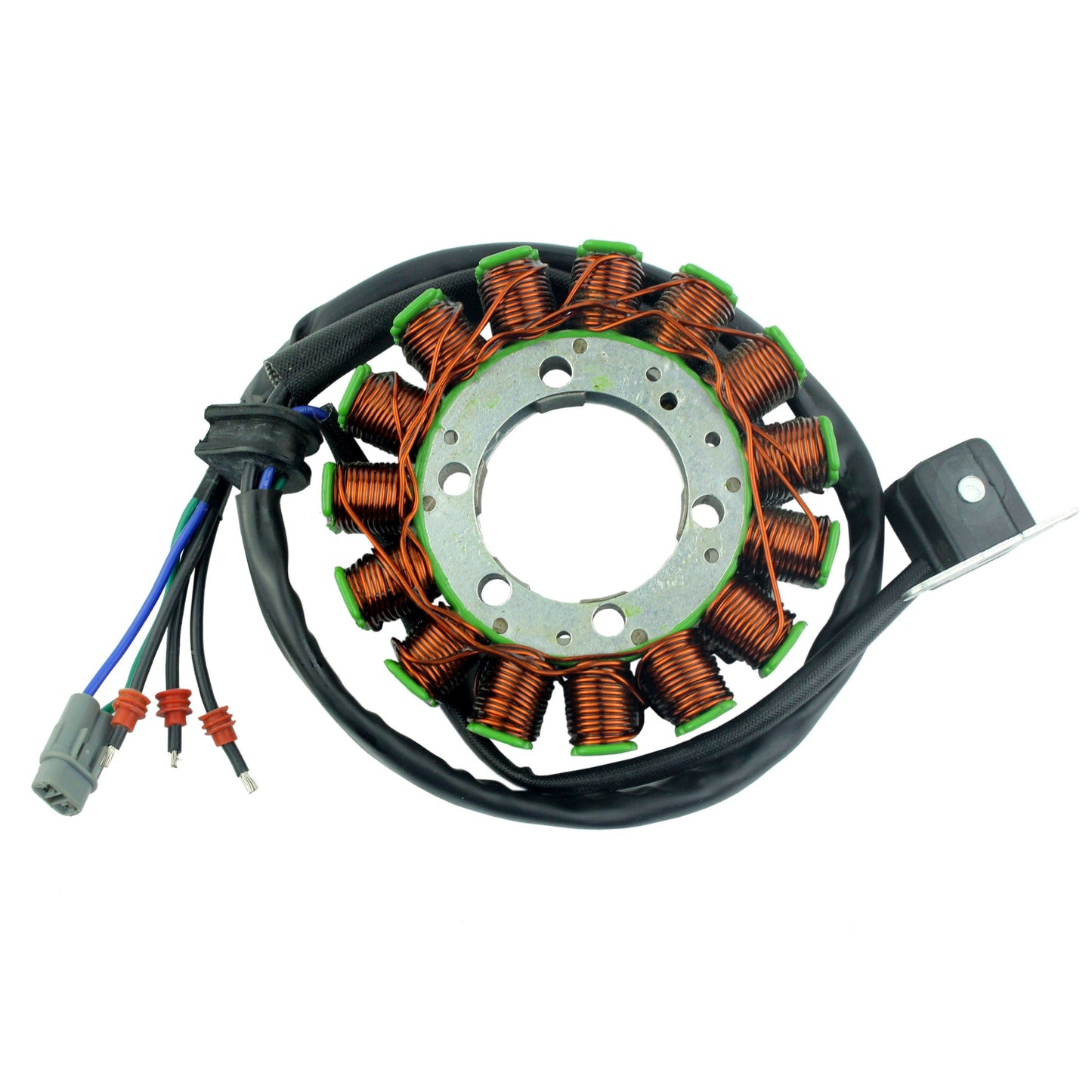 Suzuki LTZ 400 stator coil with copper wire windings and attached wiring harness on white background
