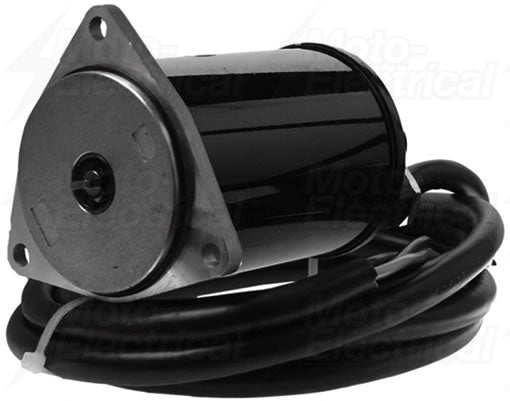 Black cylindrical electric motor with mounting plate and coiled power cable