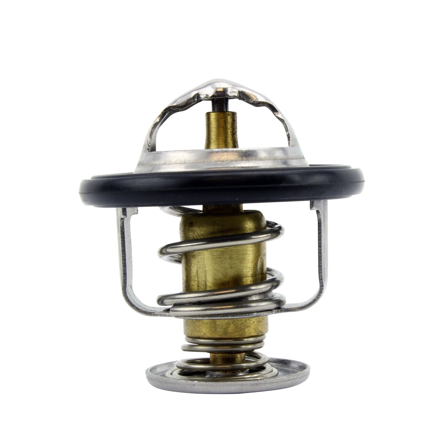 Close-up of a metallic automotive thermostat with spring mechanism on white background