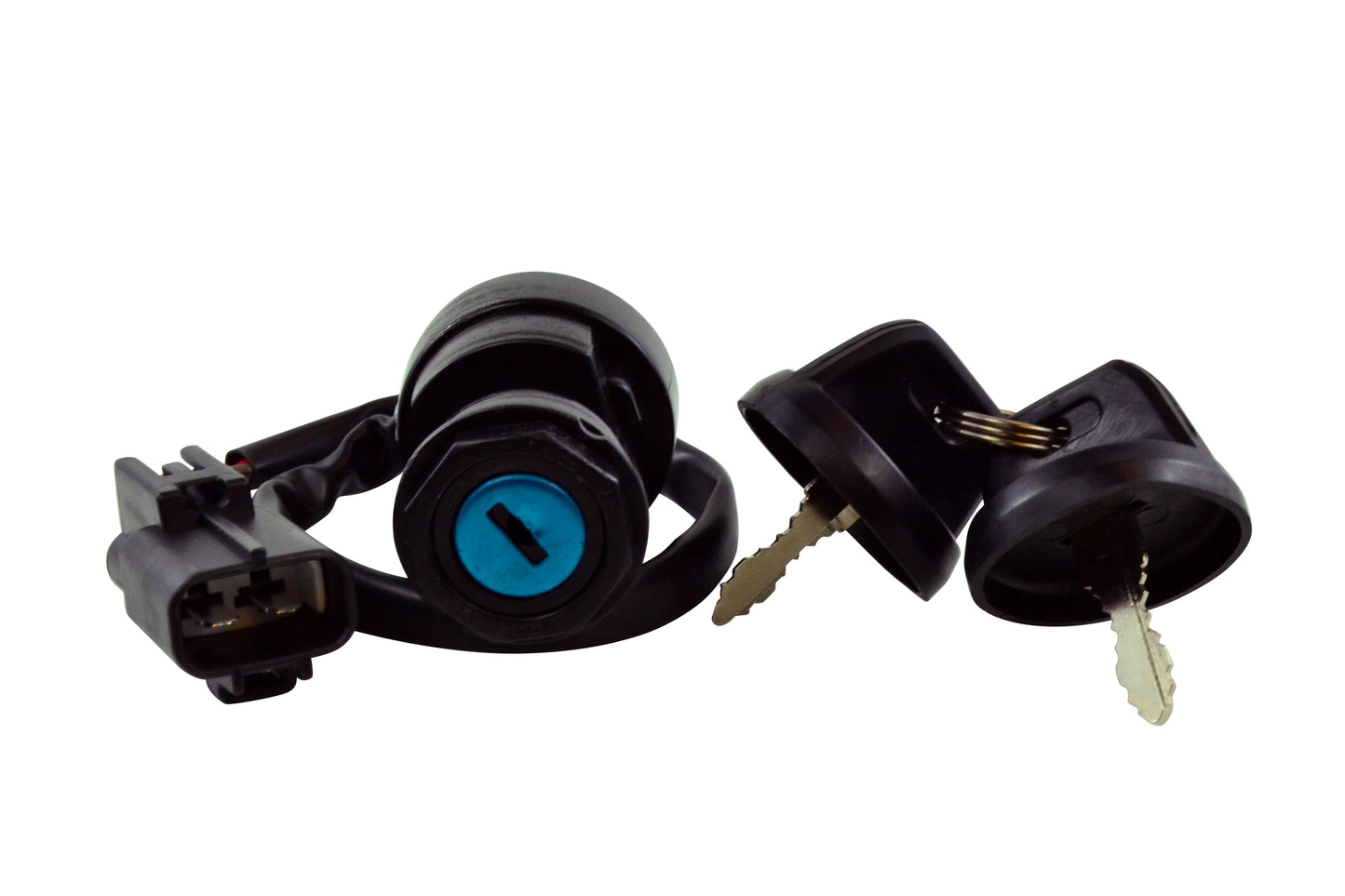 Black Yamaha ATV ignition key switch with blue key slot and two black keys on white background
