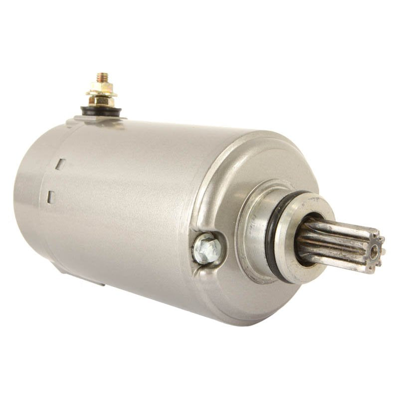 Close-up of a silver starter motor with gear shaft and electrical terminal on white background