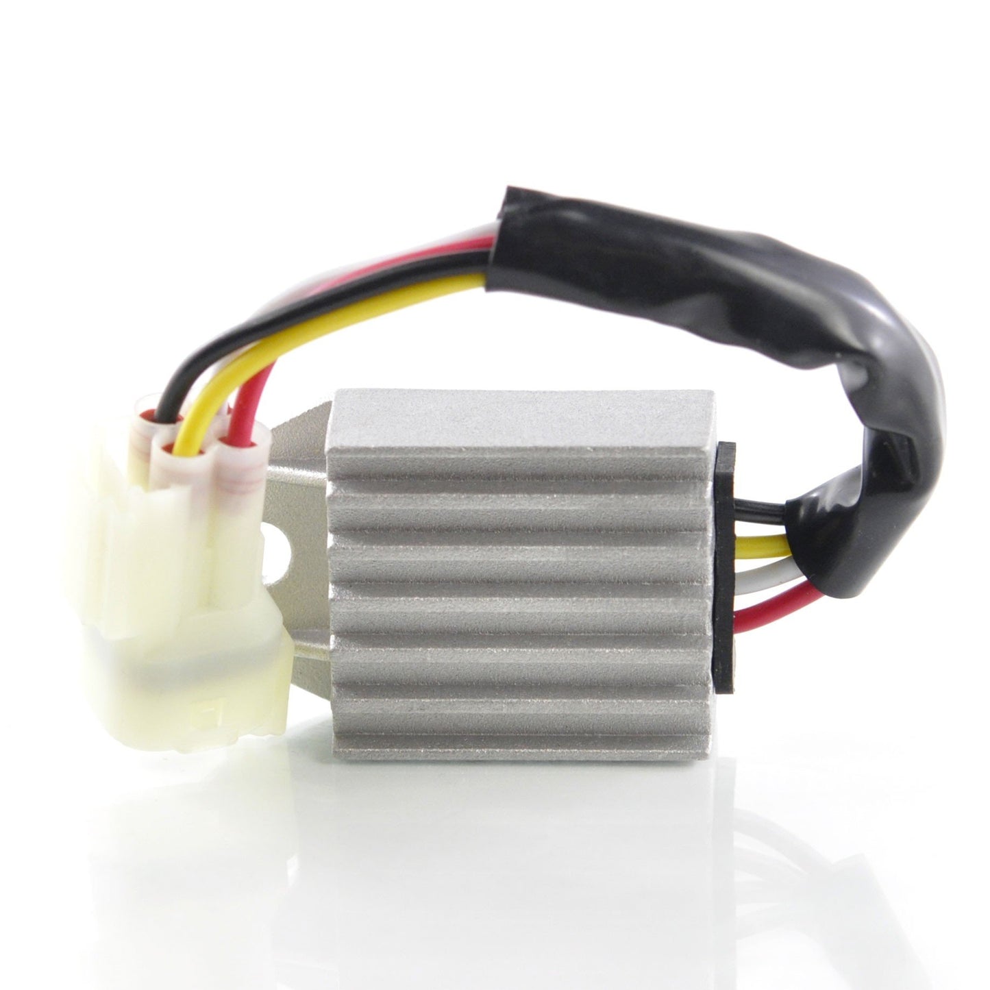 Silver voltage regulator rectifier with red, black, and yellow wires and white connector on white background