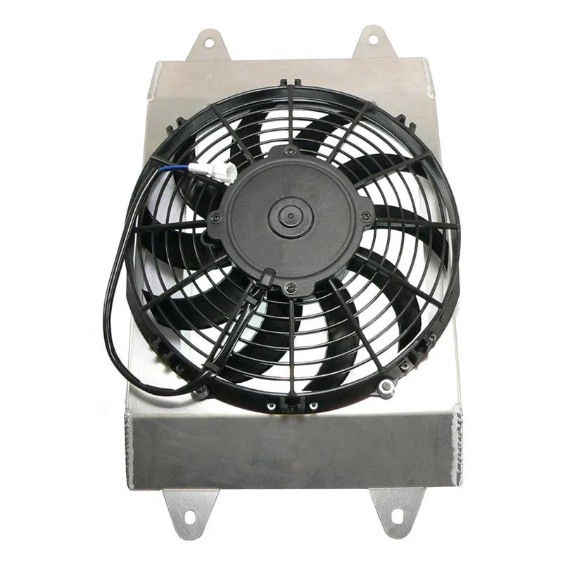 Black electric cooling fan mounted on rectangular silver aluminum shroud with wiring harness