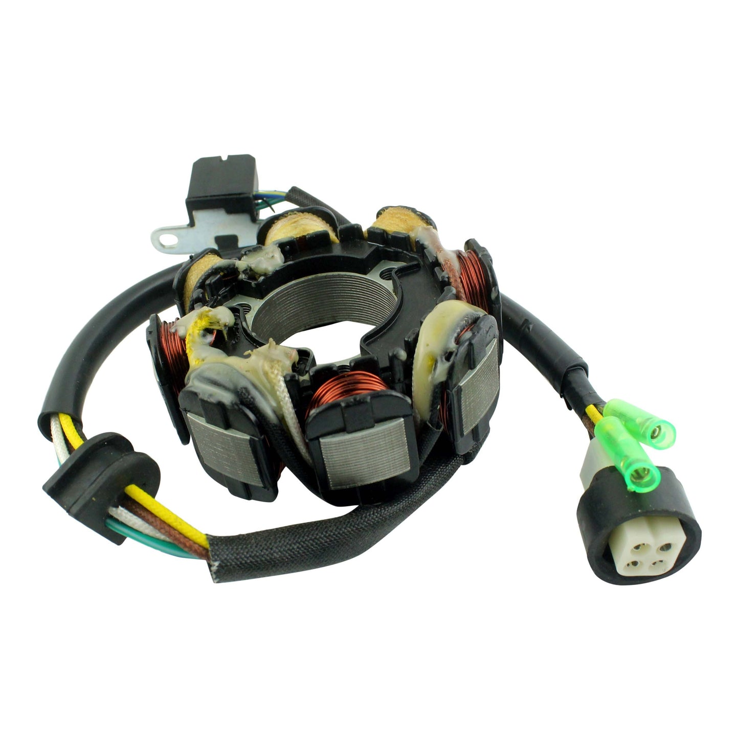 Yamaha YFB250 Timberwolf stator coil with copper wiring and attached electrical connectors