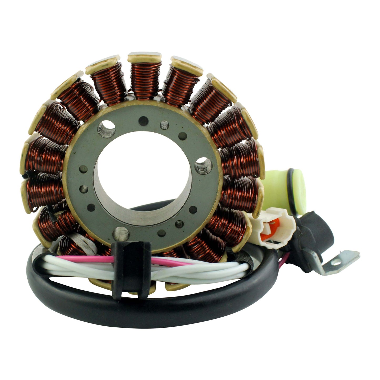 Yamaha YFM125 Grizzly stator coil with copper wire winding and attached wiring harness on white background