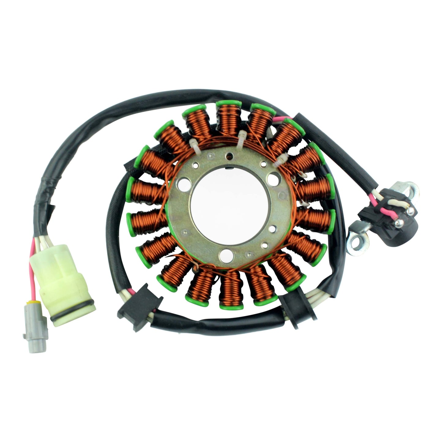 Yamaha YFM250 Raptor generator stator with copper coils and wiring harness on white background