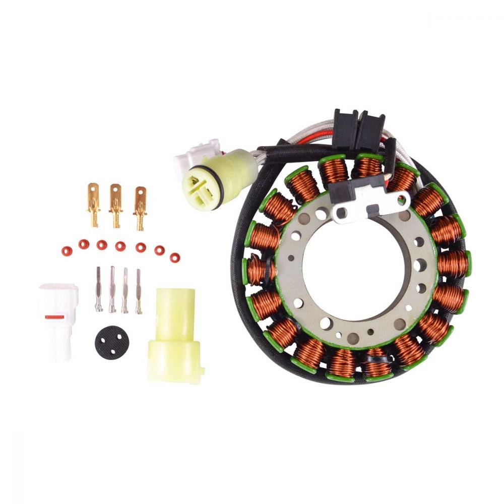 Yamaha YFM450 Grizzly EPS 4x4 stator coil with wiring and connector terminals on white background