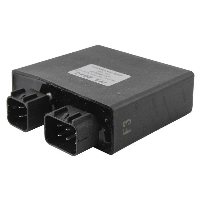 Black Yamaha YFM50 CDI ignition module with dual electrical connectors and model label