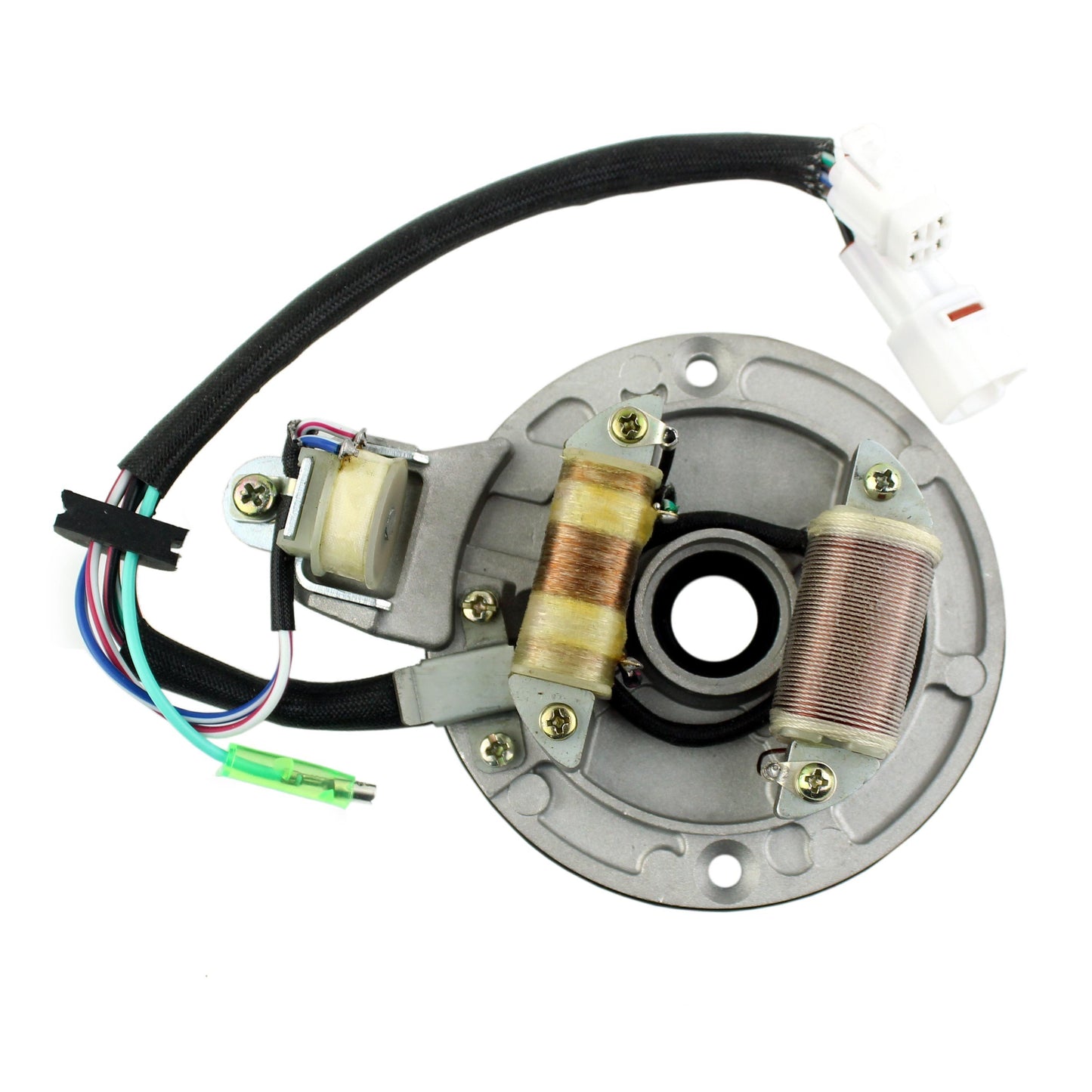 Yamaha stator coil assembly with wiring harness and connectors on white background